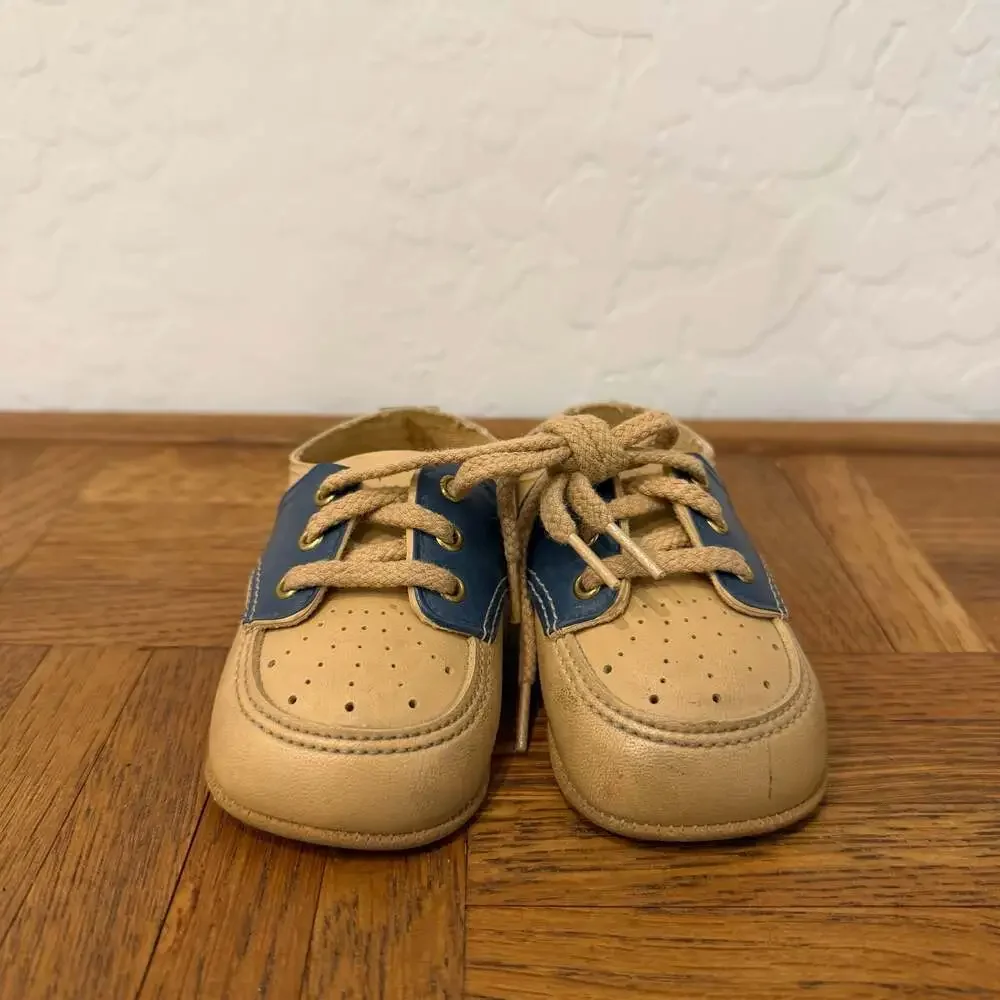 Vintage Two-Tone Leather Saddle Crib Baby Shoes Tan and Blue